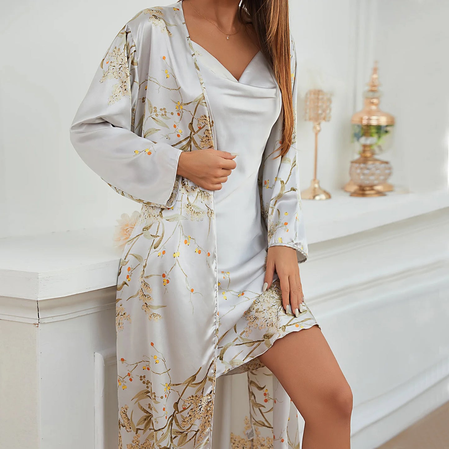 Women's Four Seasons Home Furnishing Lace Up Pajama Dresses Two Piece Set Thin Outerwear Medium Length Pajama Set