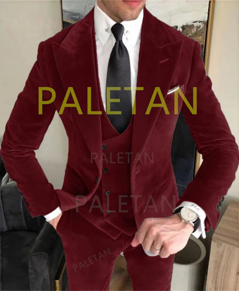 Business Velvet Blazer Sets Men's Suits Elegant Formal 3 Pieces Outfits Jacket+Pants+Vest