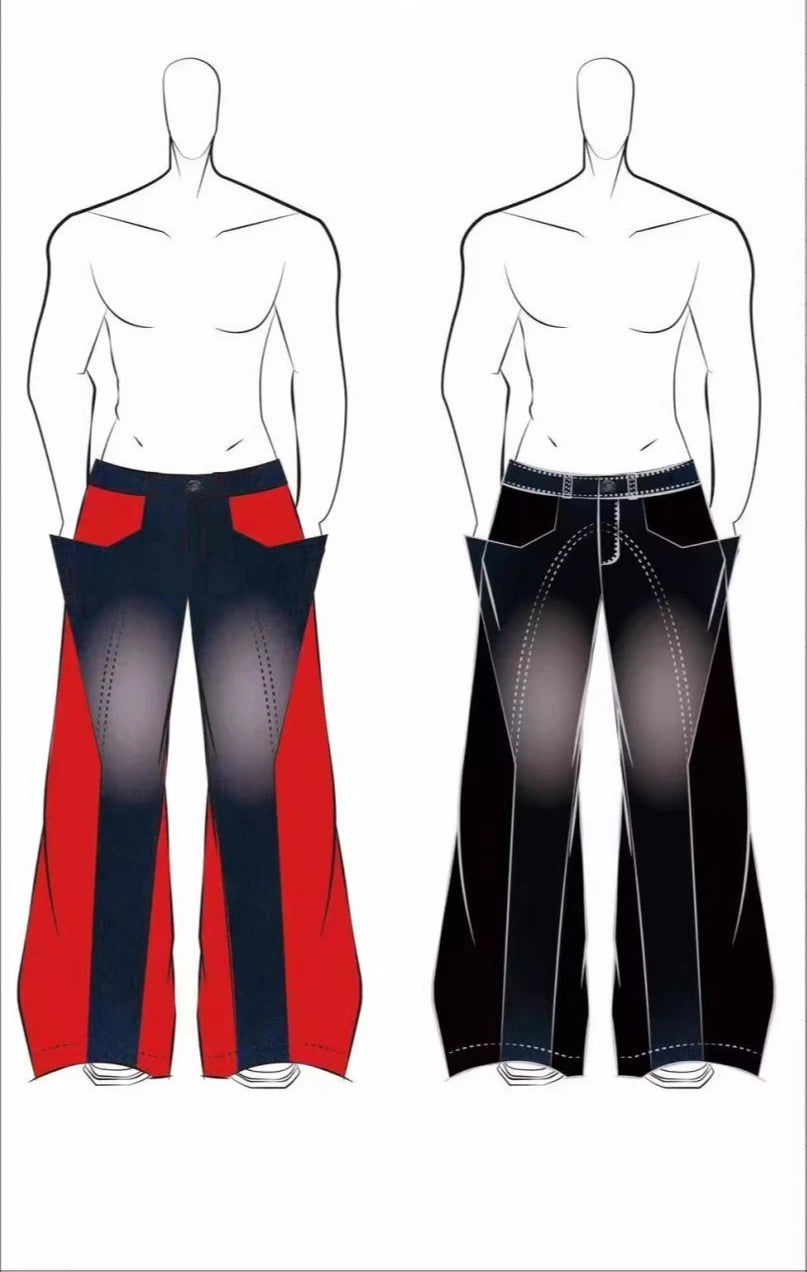 Retro Washed Splicing Jeans PU Leather Baggy Jeans Straight Casual Black Denim Trousers Streetwear