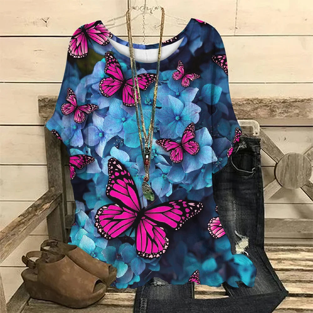 Women's T-Shirts Spring Clothing Floral Graphic O-Neck Pullovers Short Sleeve Tops Streetwear Oversized Apparel Ladies
