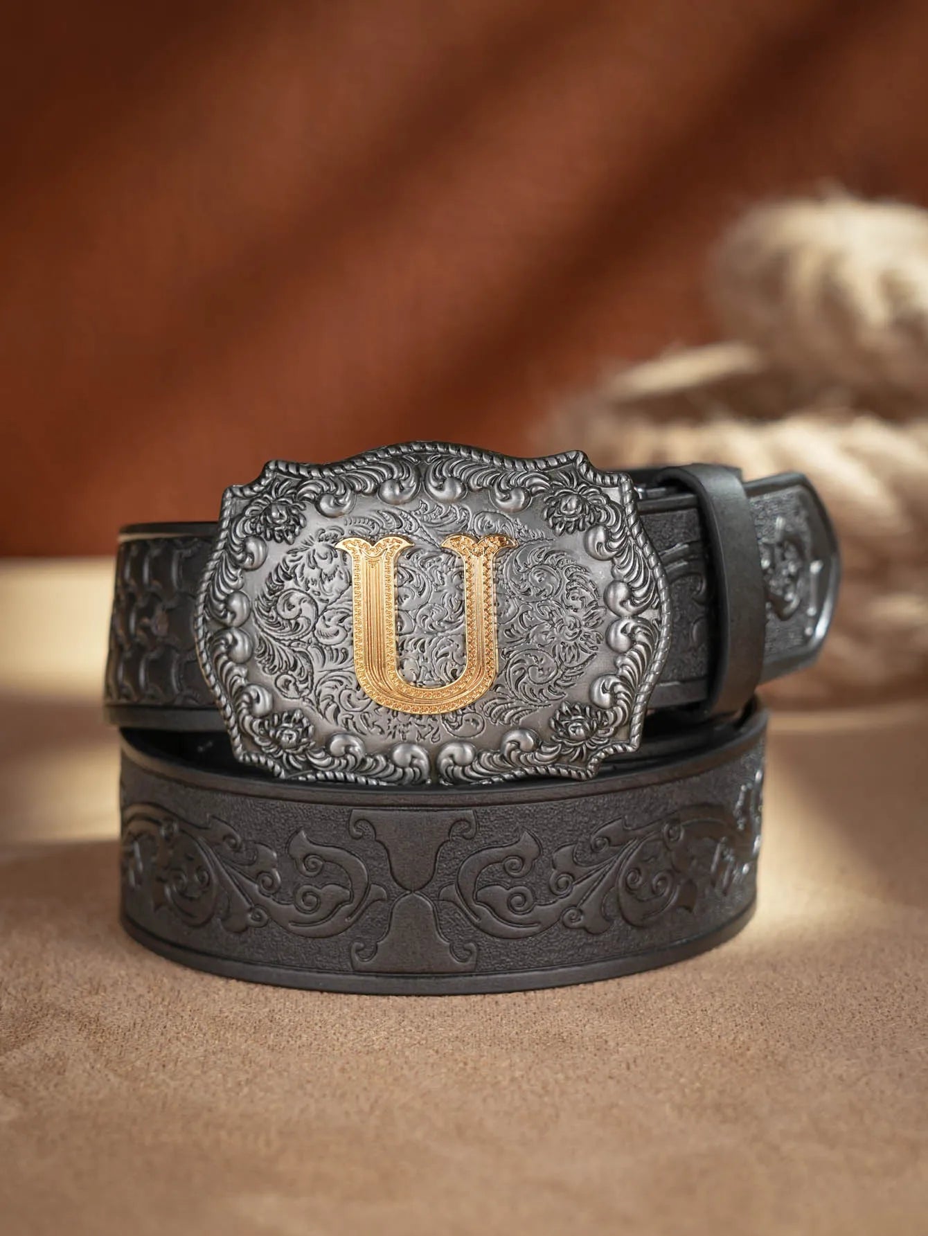 Western Cowboy PU Leather Belt  Waist Strap Bull Decoration Floral Engraved for Jeans