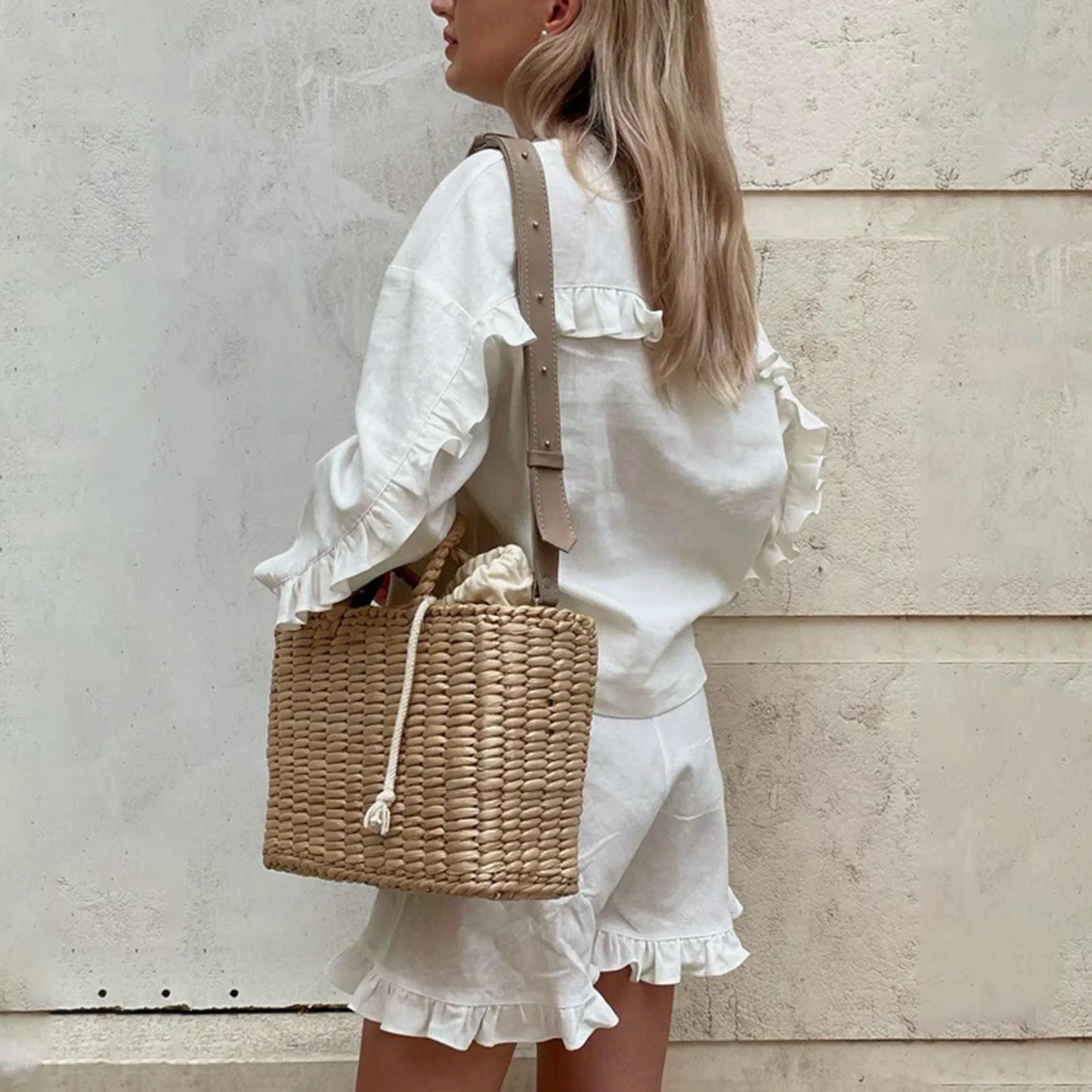 Solid Color V Neck Long Sleeve Tops Elastic Waist Ruffle Shorts 2 Piece Casual Set