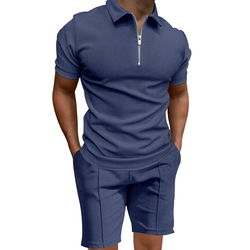Cross border men's polo shirt set solid color waffle short sleeve slim lapel t-shirt casual men's shorts set
