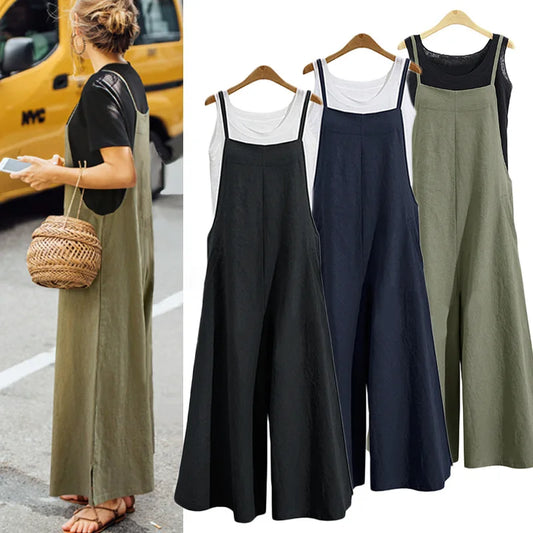 Women's Straps Jumpsuit Summer Solid Color Wide Leg Pants Dungaree Bib Overalls Casual Loose Sleeveless Cotton Linen Jumpsuits
