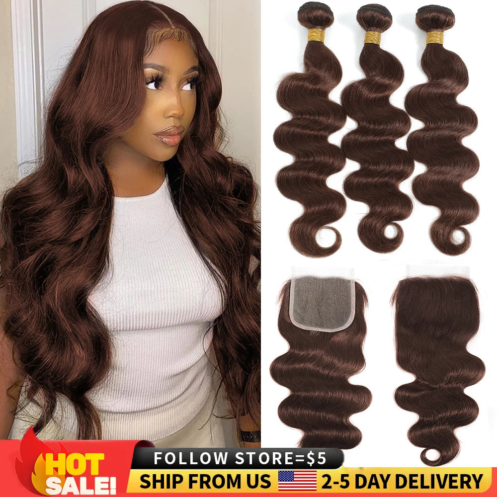 10A Brazilian Bundles with Closure Body Wave Bundles Human Hair With 4x4 Lace Closure Brown Blonde Colored 3/4 Weave Extensions