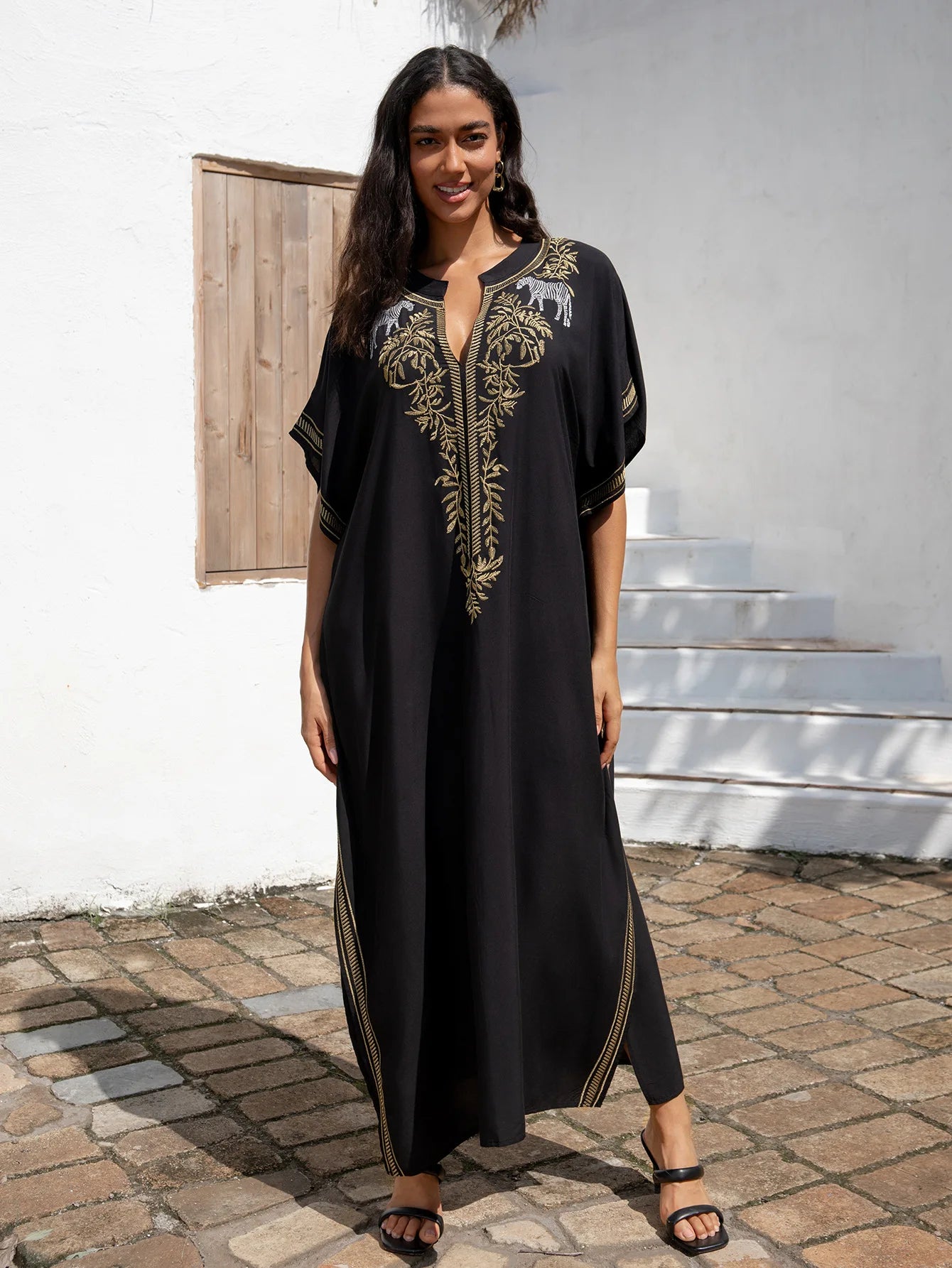 Embroidery Black Women Cover-ups  Loose Fitting Long Robe Beach Vacation V-neck Sunscreen Clothing Kaftan