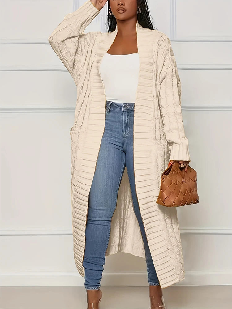 Autumn and Winter Fashion Women's Long Cardigan Sleeve Pocket Solid Colour Relaxed Sweater Acrylic Material