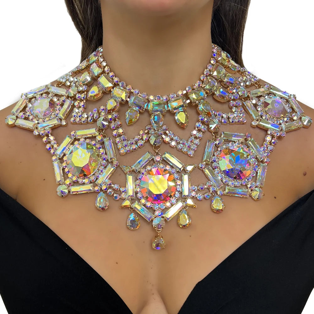 AB Color Geometric Necklace  Irregular Accessories Exaggerated Jewelry Luxury Crystal Oversize