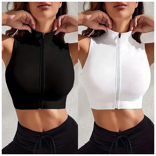 Women's Close-fitting Breathable Sexy Yoga Zipper Exercise Fitness Vest Top Two-piece