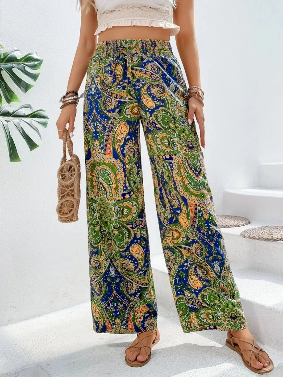 Summer Printing Wide Leg Pants for Women Straight Trouser  Fashion Elastic Waist Versatile Breathable