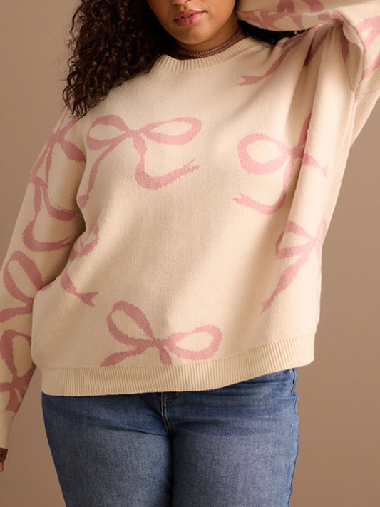 Women s Plus Size Sweater Bow Print V-Neck Long Sleeve Pullover Knit