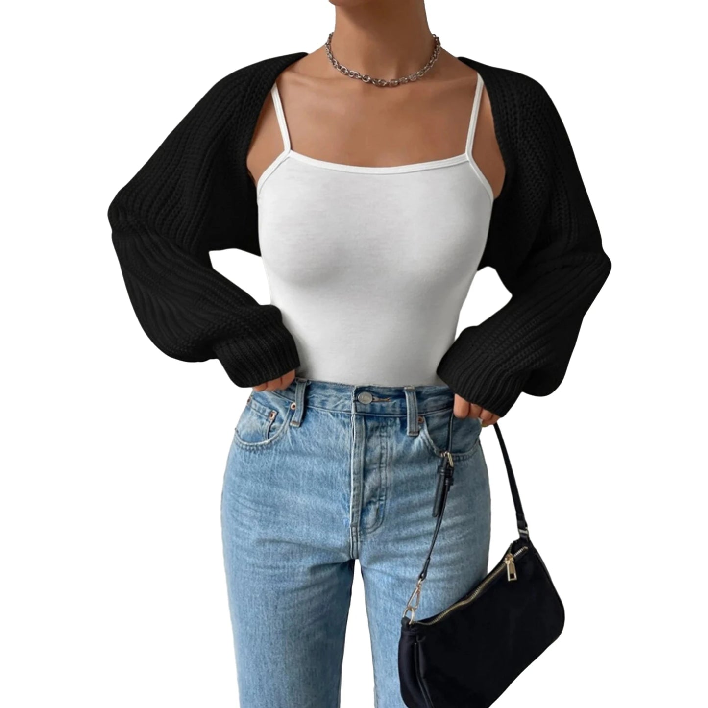 Women s Open Front Cropped Cardigan Long Sleeve Solid Color Ribbed Knit Shrug Sweater