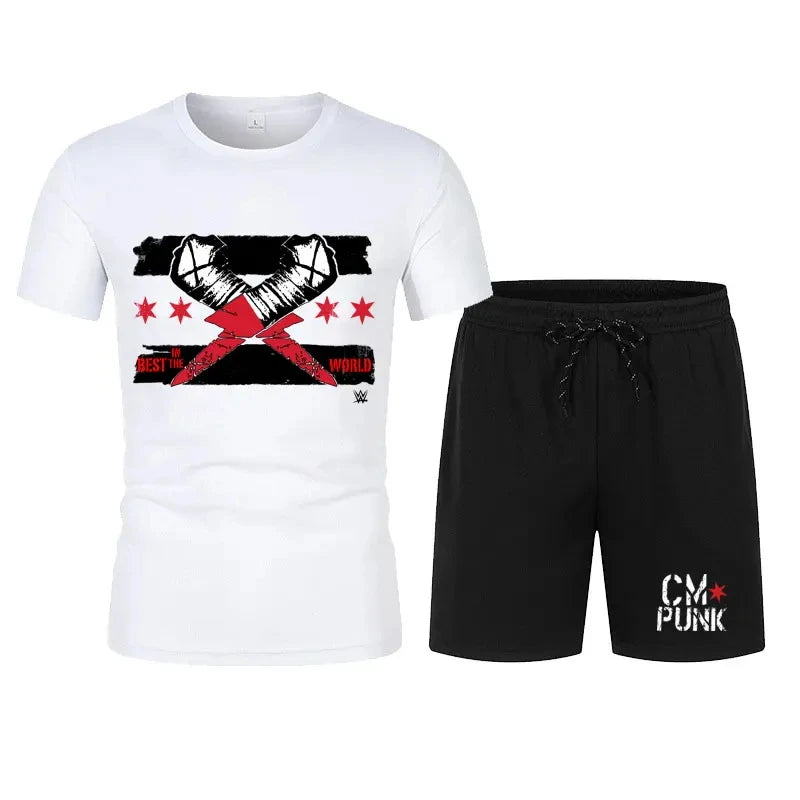 Men's black CM return punk T-shirt shorts suit summer short-sleeved men fashion comfortable loose clothing suit