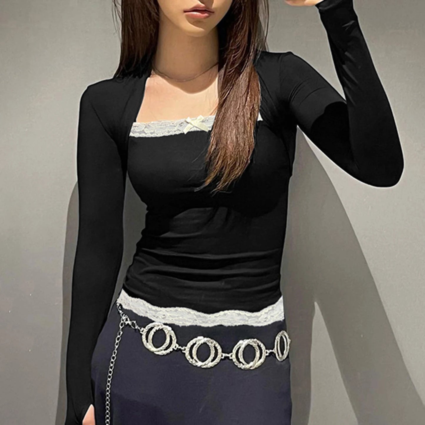 Women's Fashion Square Neck Tops Long Sleeve Elegant Lace Trim Slim Fit T-shirt