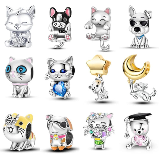 925 Sterling Silver Cute Pet Cat Dog Animal Beads Bracelet Charms