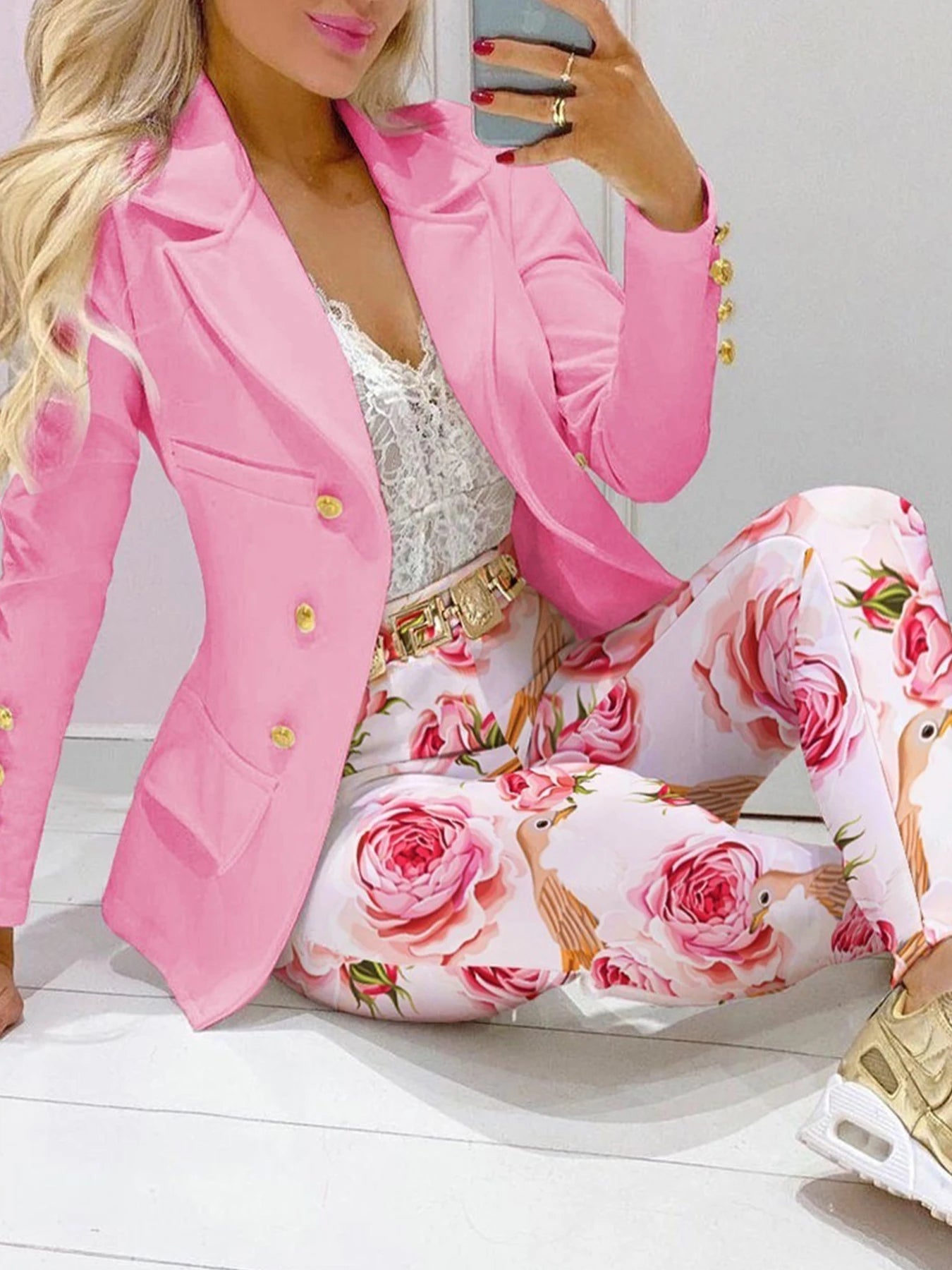 Women's Business and Leisure Two-Piece Suit Set, Solid Color Long Sleeved Double Breasted Suit Jacket and Floral Printed High Waist Pants
