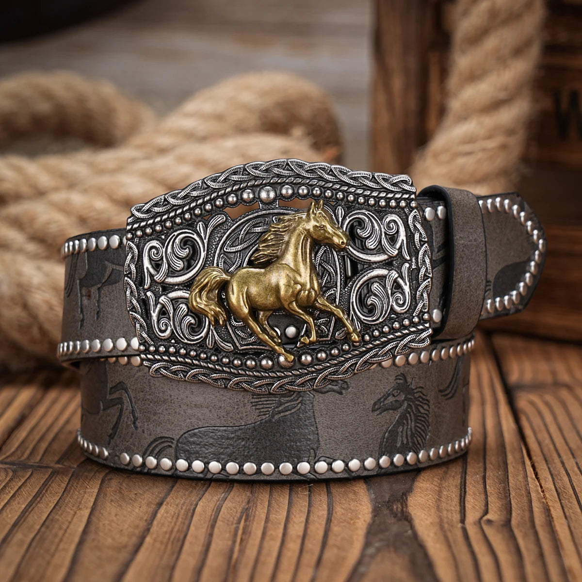 Men & Women-Western-Cowboy-PU Leather-Belts - Vintage horse Belt Floral Engraved Buckle Belt for Jeans