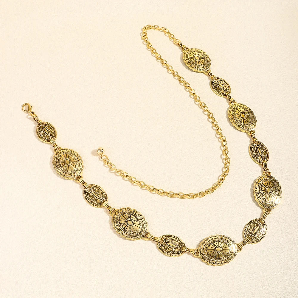 Retro Style WOMEN'S Metal Waist Chain Accessories Decorative Circle Carved Chain Belt High Style Accessories