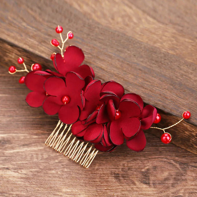 Red Floral Hair Comb Accessories Golden Pearl Hairpin Charm  Wedding Headpiece Bride  Hair Jewelry