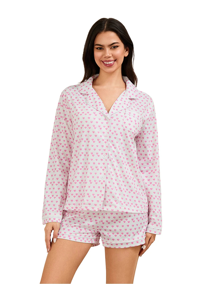 Pink Floral Print Pajama Set V-Neck Long Sleeve Button Down Top Drawstring Waist Shorts 2 Piece Lounge Outfits