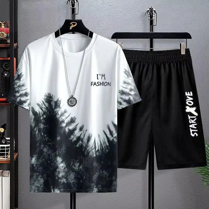 Men's Sets Summer Fashion T Shirts Casual Polyester Gradient Shorts Set Men's Sporty Two-piece Outfit Basketball Tracksuits