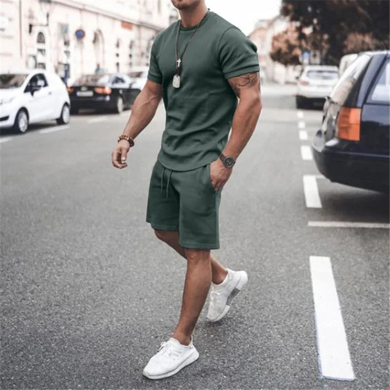 Solid Color Europe and The United States Men's  Summer  Short Sleeve T-shirt  +Shorts 2pcs Set Leisure Sports Men Suit