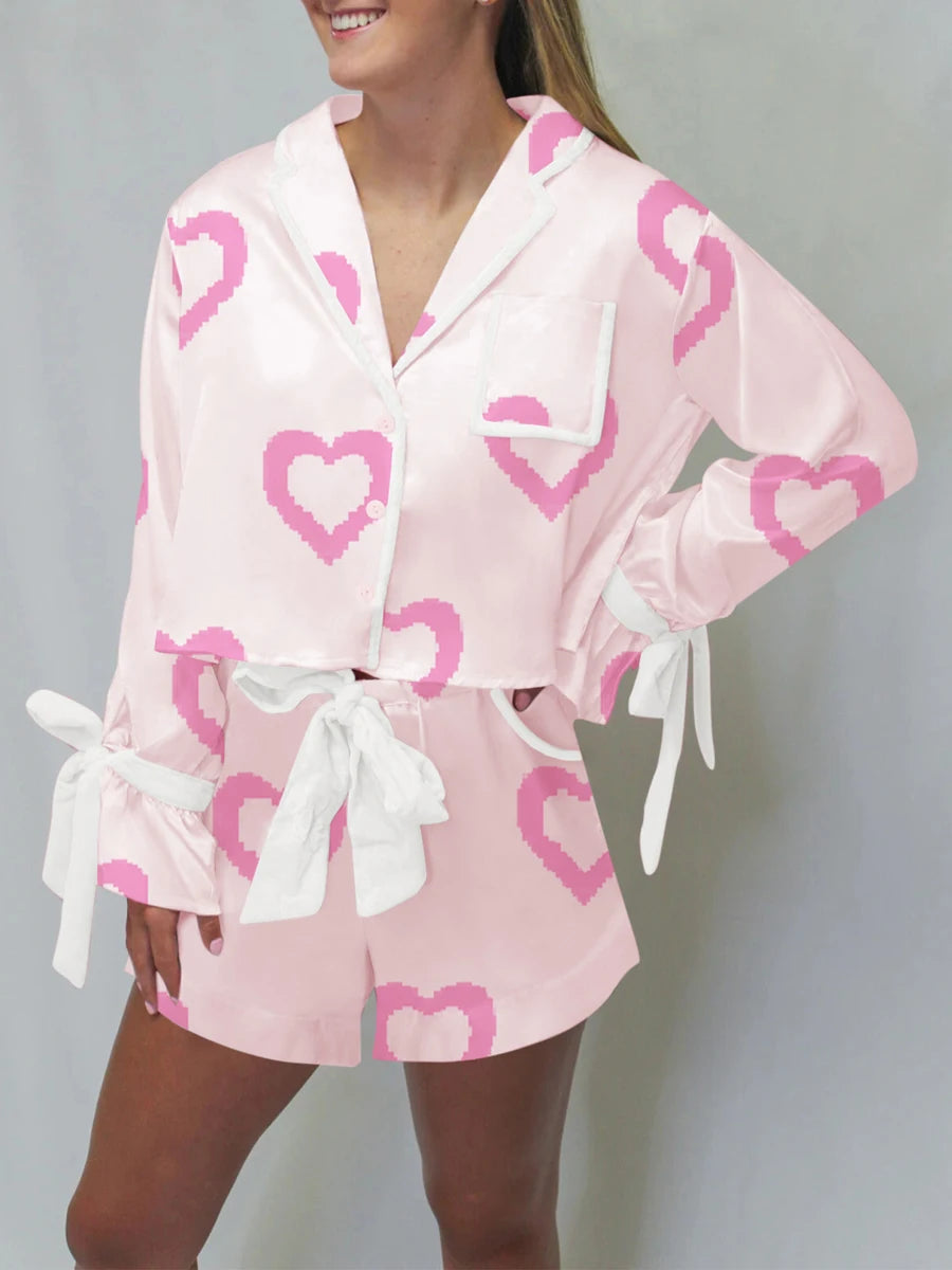 Valentine s Day  Pajama Set with Heart Print Long Sleeve Shirt and Drawstring Shorts  Sleepwear Comfort