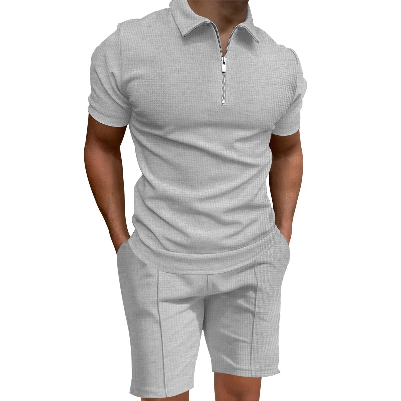Cross border men's polo shirt set solid color waffle short sleeve slim lapel t-shirt casual men's shorts set