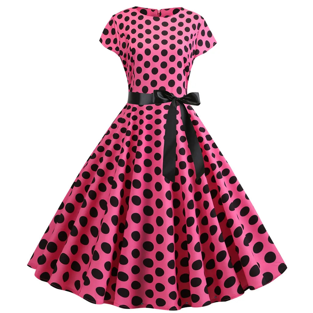 Women Vintage 1950s 60s Polka Dot Print High Waist A-line Swing Party Dress Retro Short Sleeve With Belt
