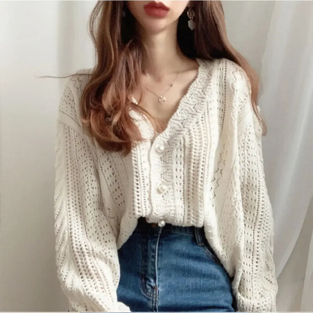 Women Spring Summer Sweater and Cardigans Low V-Neck Knit Tops Long Sleeve Hollow Out Sexy Cardigan Loose