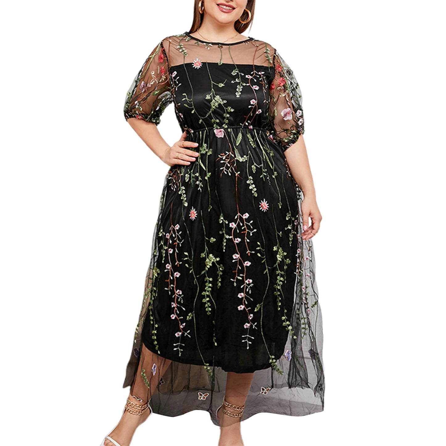 Women s Lace Maxi Dress Floral Embroidered Short Sleeve O Neck Plus Size Evening Party Elegant Gown
