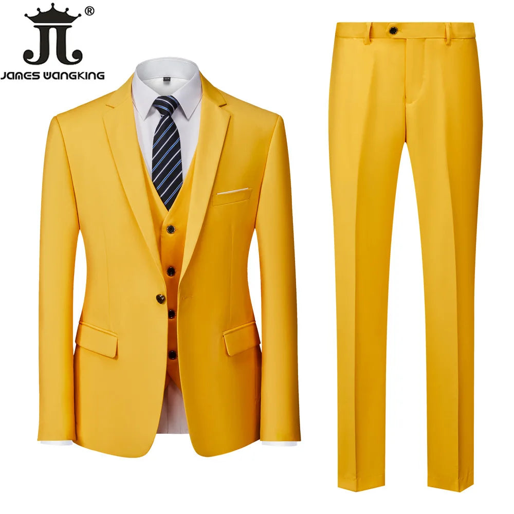 Jacket + Vest + Pants  Boutique Solid Color Men's Official Business Suit Bride's Wedding Dress Party Male Suit