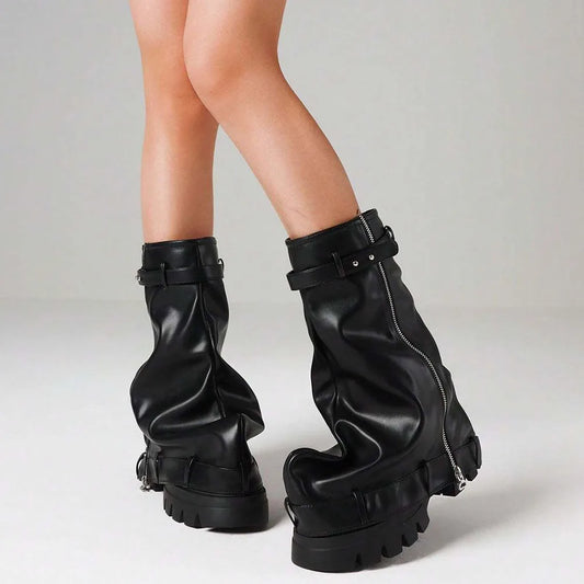 Fold Over Boots Chunky High Heels Mid Calf Platform Punk Gothic Fashion