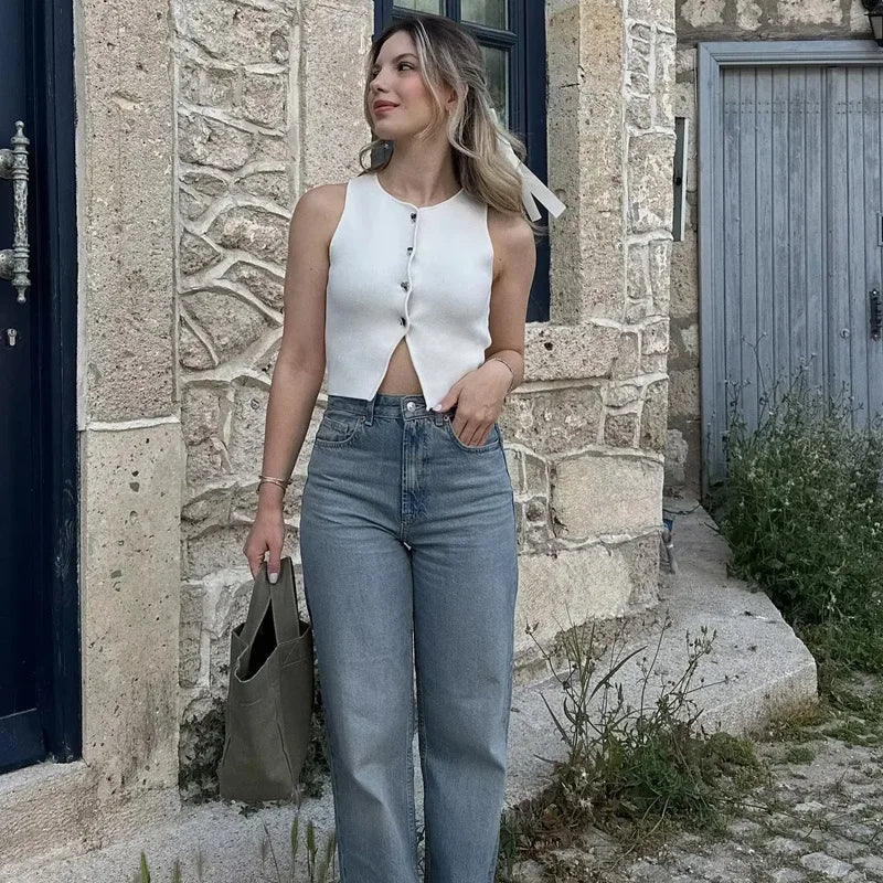 Sweater Vest Cropped Knit Vest Woman Sleeveless Vest Women's Autumn Button Slim Knitted Vests