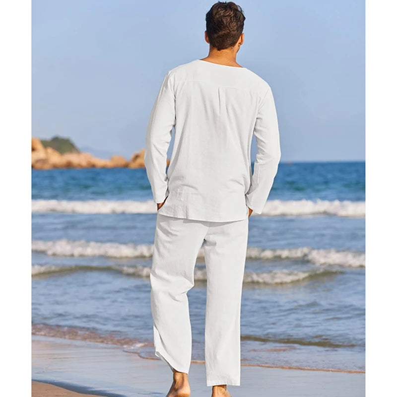 Men's Summer Cotton Linen Clothes Solid Color Long Sleeve Henley Shirt Elastic Waist Drawstring Pants 2 Pieces Loungewear Set