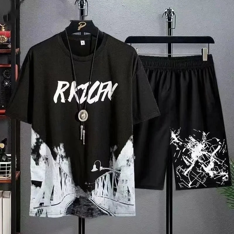Summer leisure Men set Manga Graffiti Tees T-shirt + shorts 2-piece Comfortable and breathable for men Top Print T-shirts sets