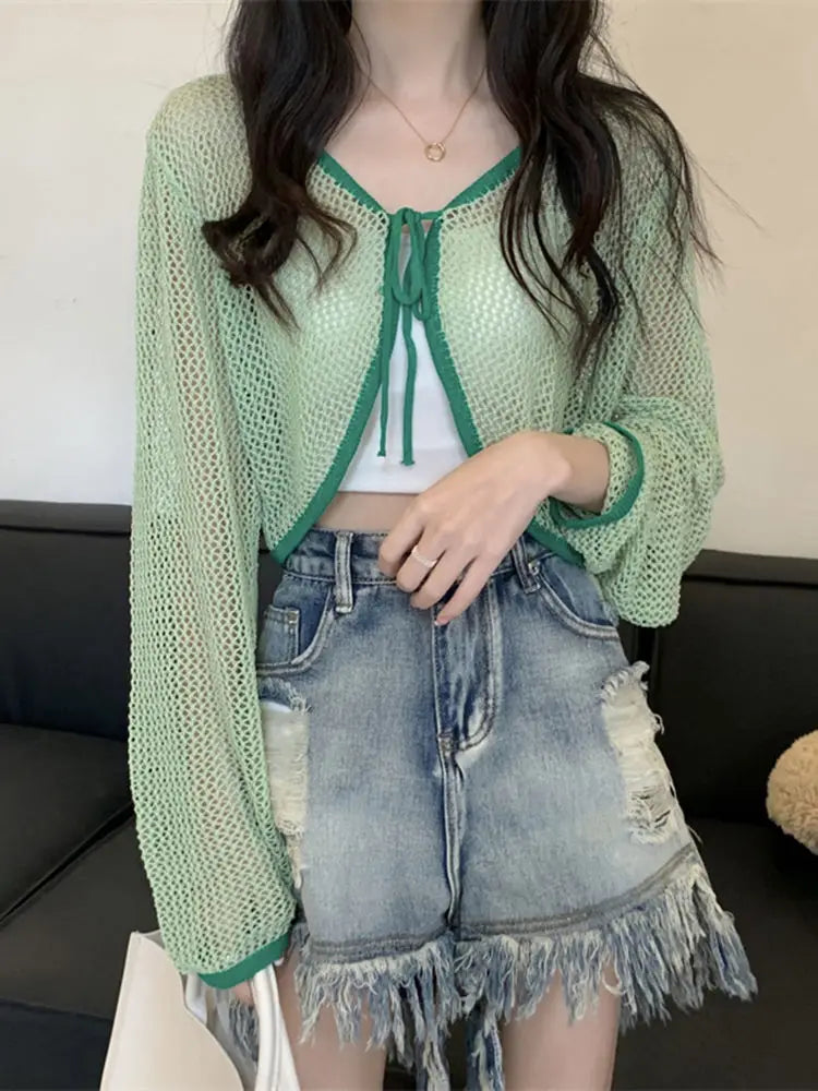 Sun Dried Knitted Cardigan for Women's Spring Thin Design Short Hollow Lace Up Long Sleeved Top