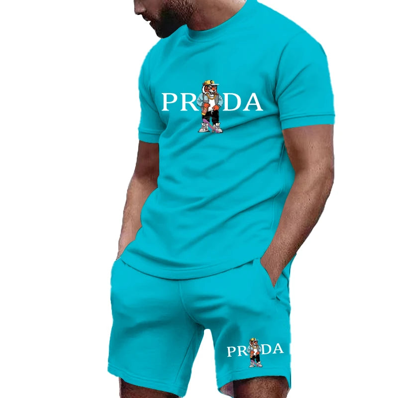 Summer Fashion Men's Gym Sports Set Men's Summer Golf Sports Set O-neck T-shirt with shorts Football Sports Slow Running