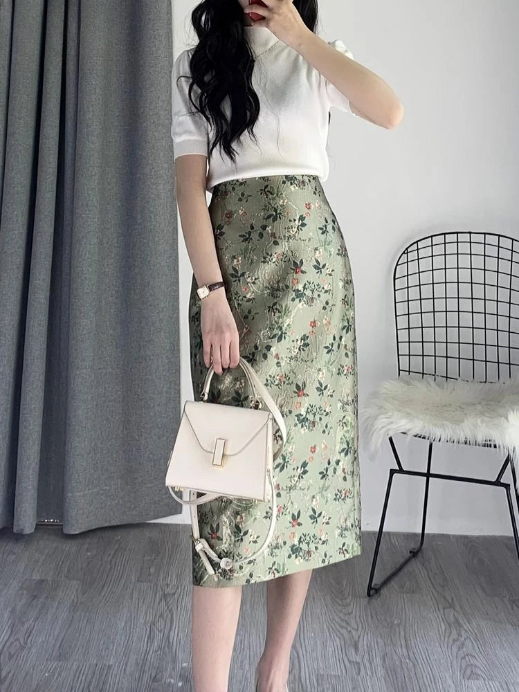 Flower Print Bodycon Pencil Skirt  Slim Fit Midi