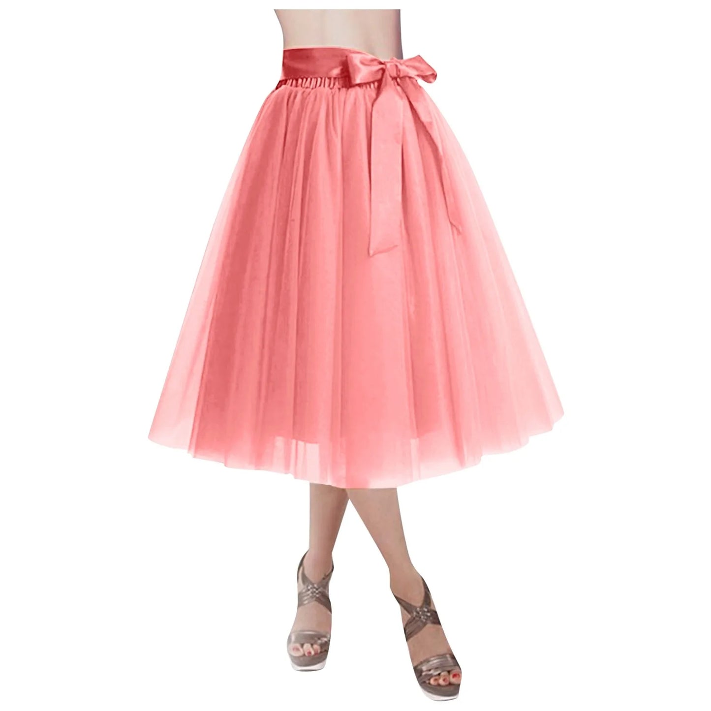Women's Knee Length Mesh  Skirt Solid Color Elegant Elastic High Waist A-Line Petticoat