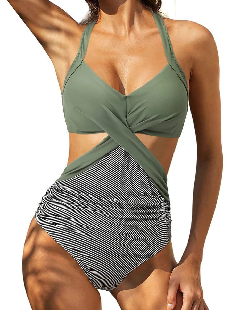 Solid Printed Swimwear Women Halter One Piece Swimsuit Female Swimming Monokini Suit Padded Beachwear