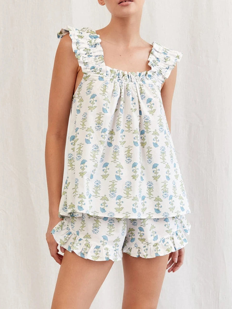 Floral Print Summer Set Square Neck Flutter Sleeve Loose  Ruffled Shorts 2-Piece Outfits
