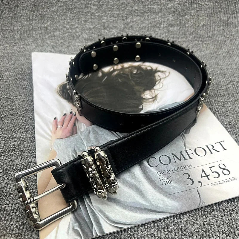 American Style Cropped 3.2 Wide Leather Belt With Wheel Hollow Out Vine Carving Engraved Women's Belt Celebrity Style