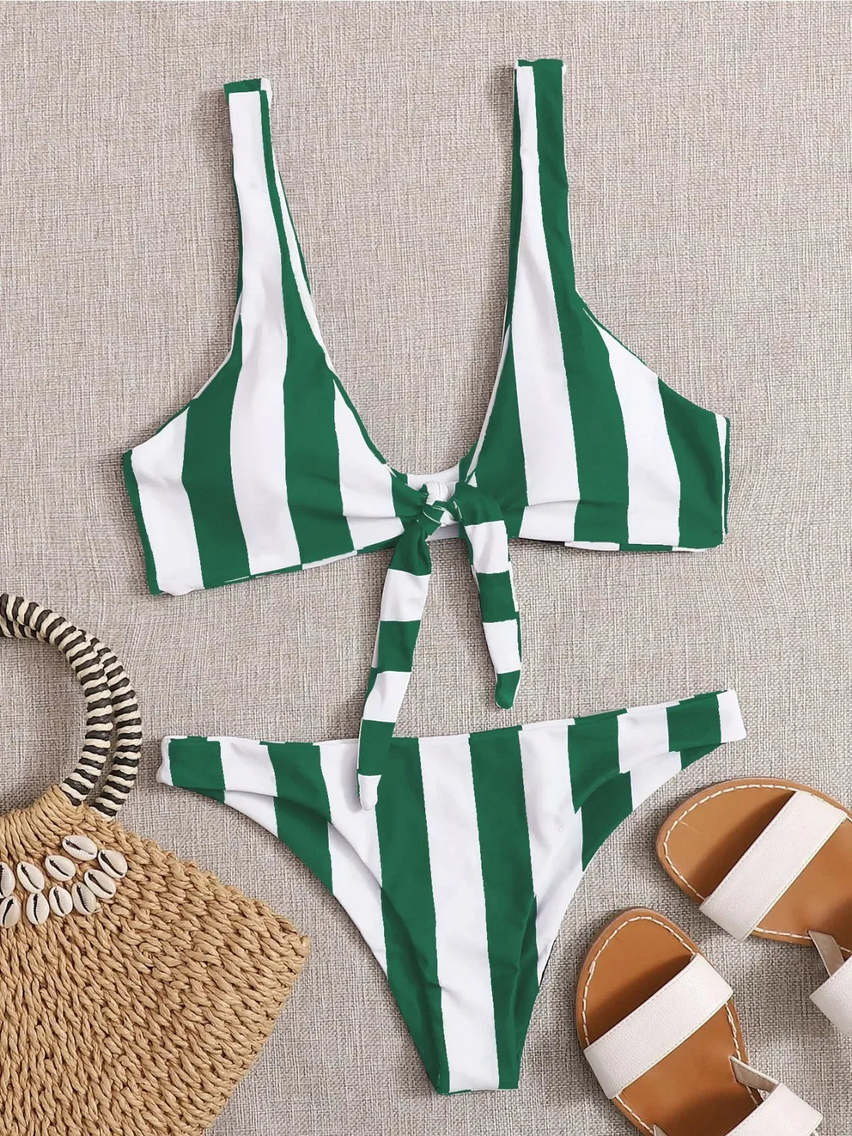 Stripe Print Contrast Color Bikini Set for Women Lace-up Knot V-neck 2 Piece Swimsuit Suit Beach Swimwear