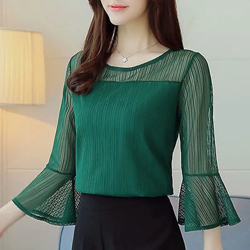 Elegant Solid Color Spliced Loose Flare Sleeve Blouse
