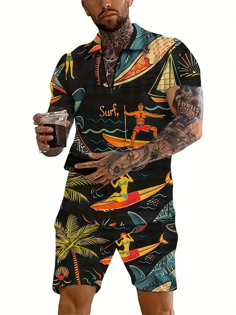 Zipper POLO Shirt Shorts Set Summer Fashion Casual Men's Sports Set 3D Printed Simple Style Lapel Zipper POLO Shirt 2 Sets