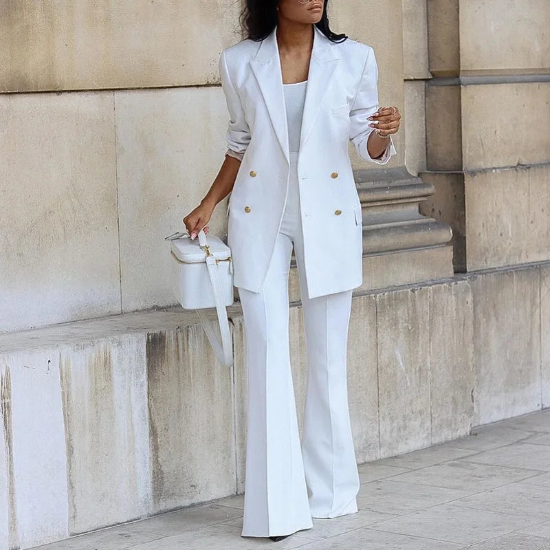 Elegant Women's Double Breasted Long Sleeve Blazers with Pocket and Flare Pants Suit Matching 2 Piece Set Outfits