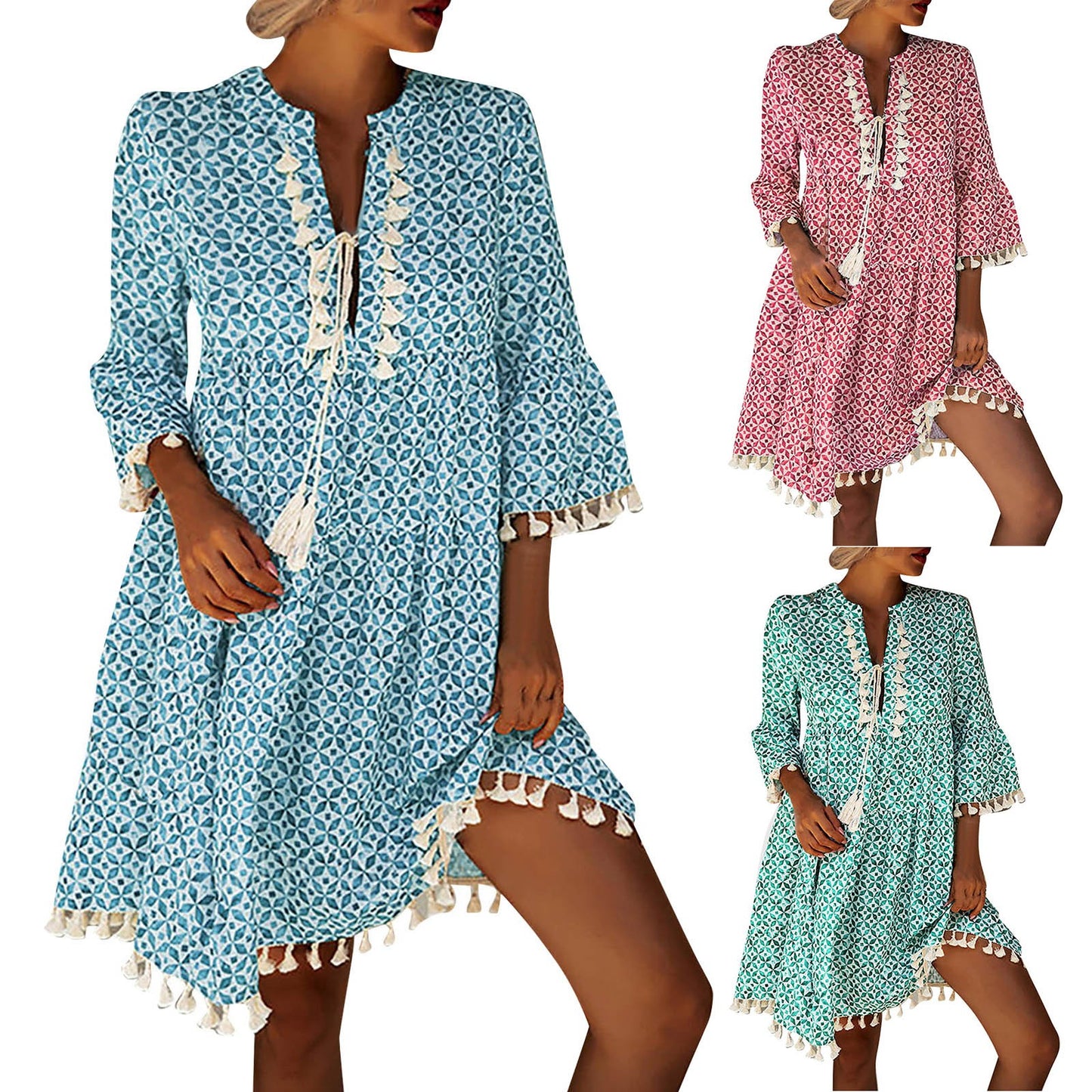 Ladies Lace Trim V Neck Short Sleeve Loose  Dress with Pockets Fashion Women Summer Casual Bohemian Print Dress