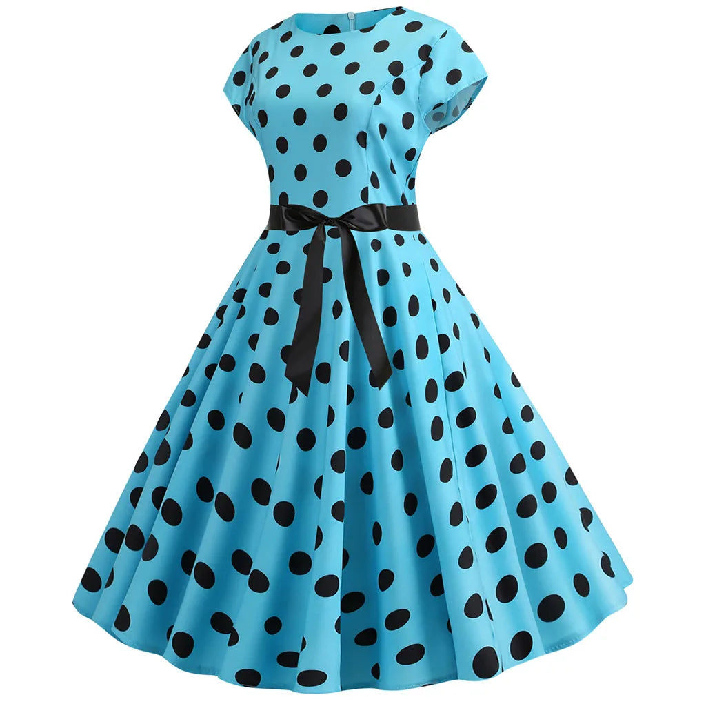 Women Vintage 1950s 60s Polka Dot Print High Waist A-line Swing Party Dress Retro Short Sleeve With Belt