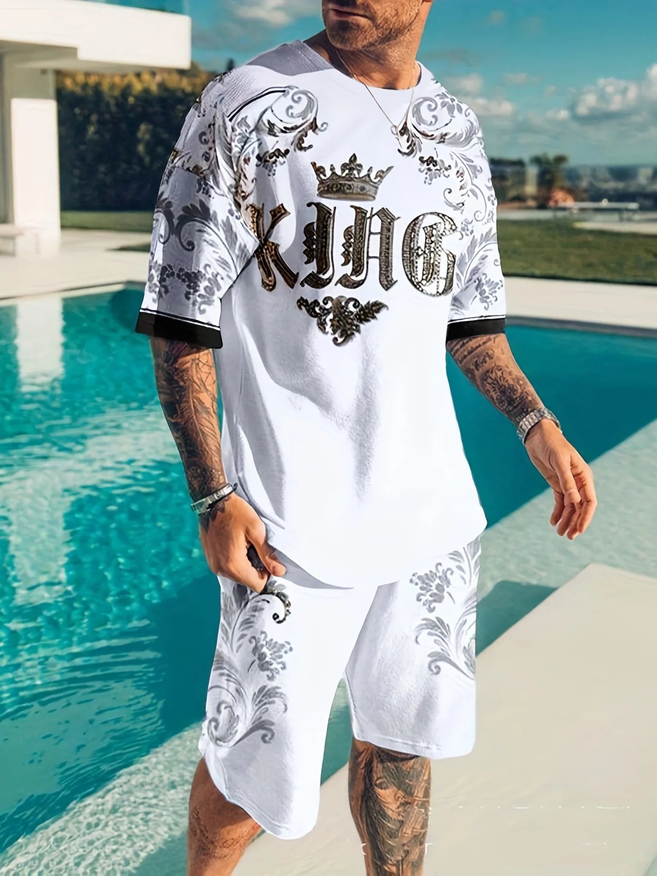 Two-piece sports suit, men's comfortable round neck printed T-shirt and vitality micro-elastic breathable trousers